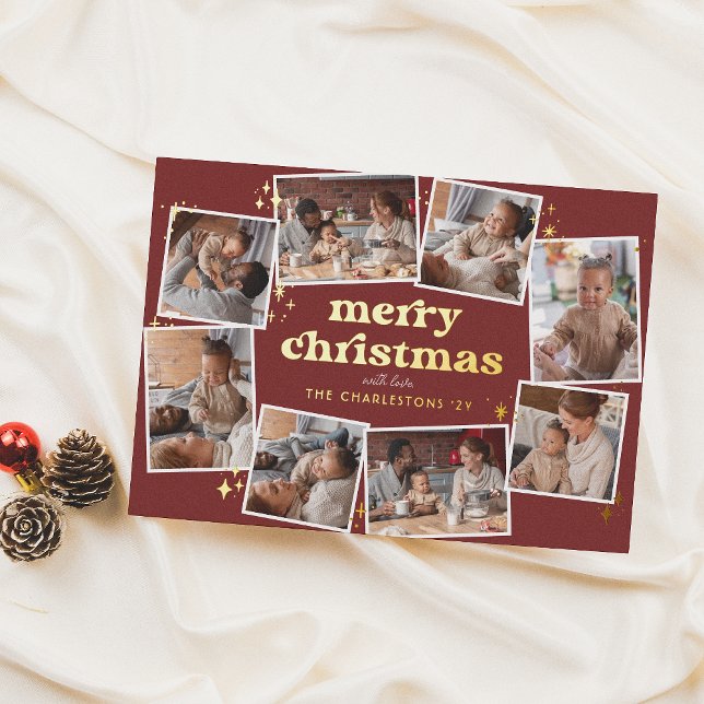 Shiny Groovy Red & Gold Merry Christmas 8 Photo Foil Holiday Card (Creator Uploaded)