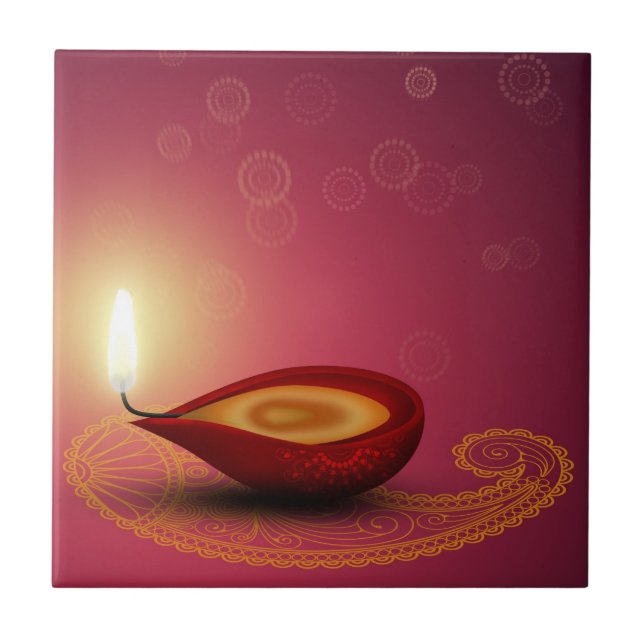 Shiny Happy Diwali Diya - Ceramic Tile (Front)