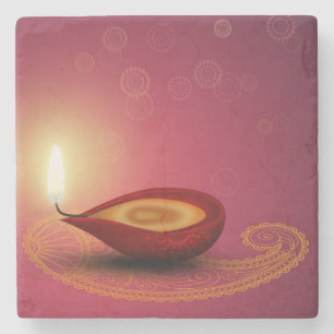 Shiny Happy Diwali Diya - Marble Stone Coaster