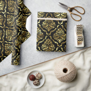 Shiny Looking Gold Floral Damask On Black Wrapping Paper