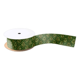 Shiny Looking Gold Floral Damask On Green Satin Ribbon