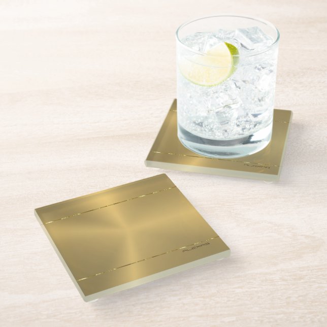 Shiny metallic gold texture background monogram glass coaster (Angled)