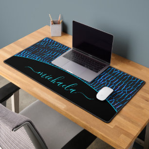 Shiny metallic neon blue abstract Custom name Desk Mat