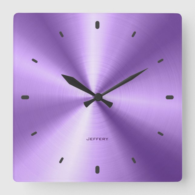 Shiny Metallic Purple Design-Stainless Steel Look Square Wall Clock (Front)