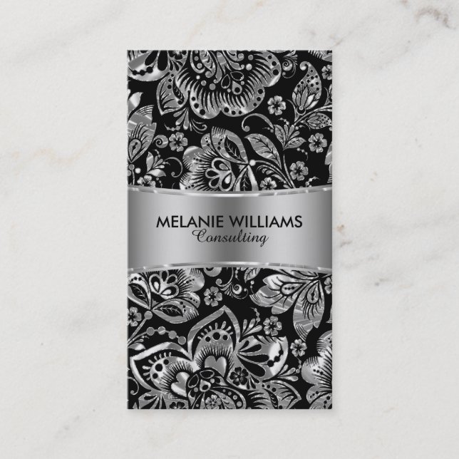 Shiny Metallic Silver Baroque Floral Damasks Business Card (Front)