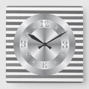 Shiny Metallic Silver Grey Stripes Square Wall Clock