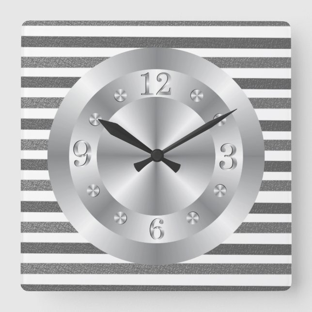 Shiny Metallic Silver Grey Stripes Square Wall Clock (Front)