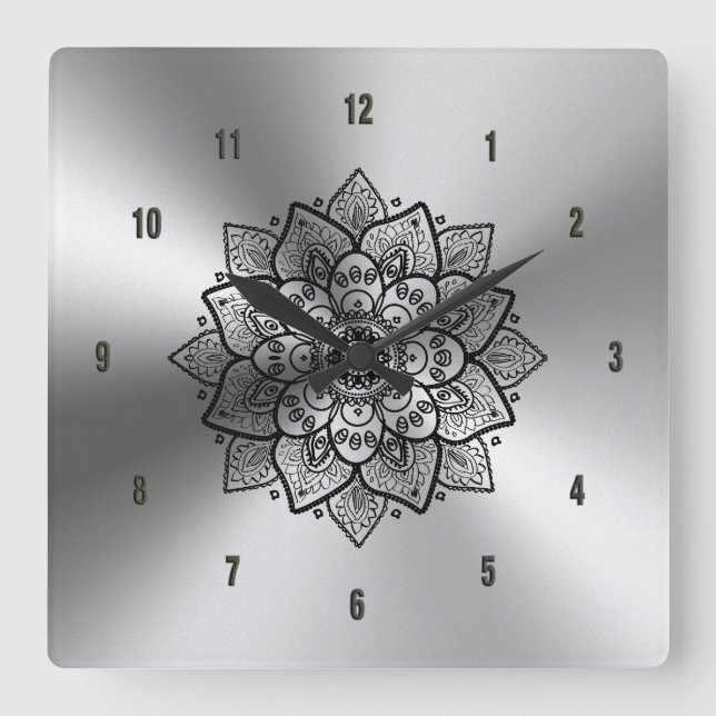 Shiny Metallic Stainless Steel & Black Mandala Square Wall Clock (Front)