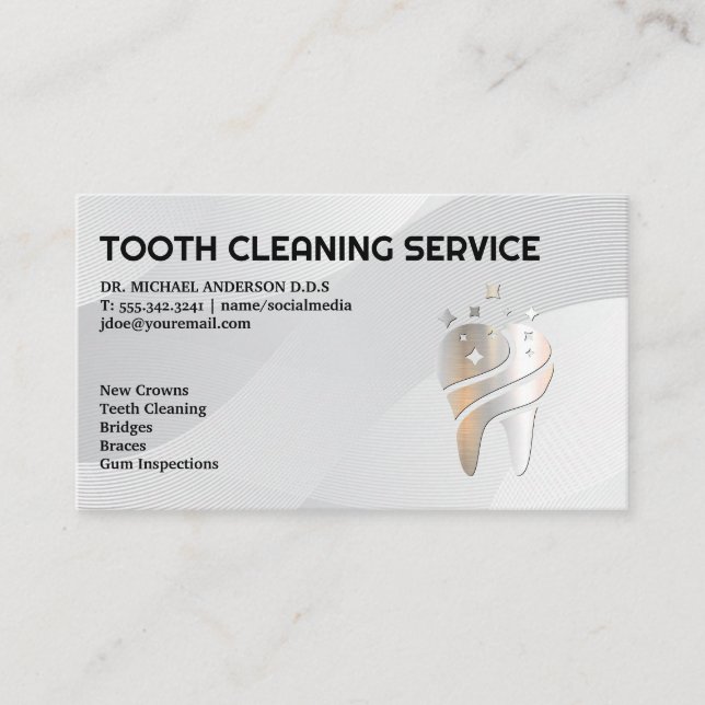 Shiny Metallic Tooth Logo | Dentistry Business Card (Front)