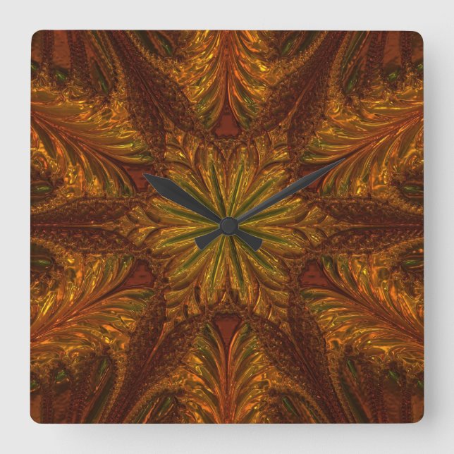 Shiny metallizer copper and brass glass leaves square wall clock (Front)