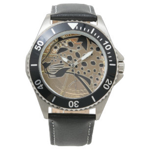 Shiny metallizer silver and black glass cheetah watch