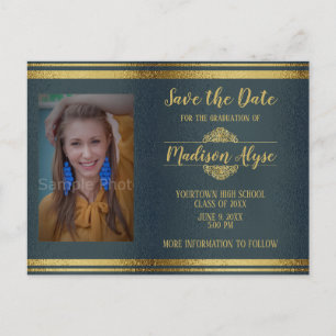 Shiny Navy Blue and Gold Photo Graduation Postcard
