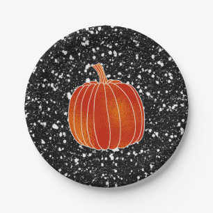 Shiny Orange Autumn Pumpkin Black Glitter Party Paper Plate