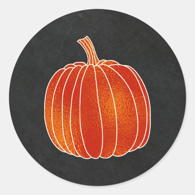 Shiny Orange Autumn Pumpkin Chalkboard Party Favou Classic Round Sticker (Front)