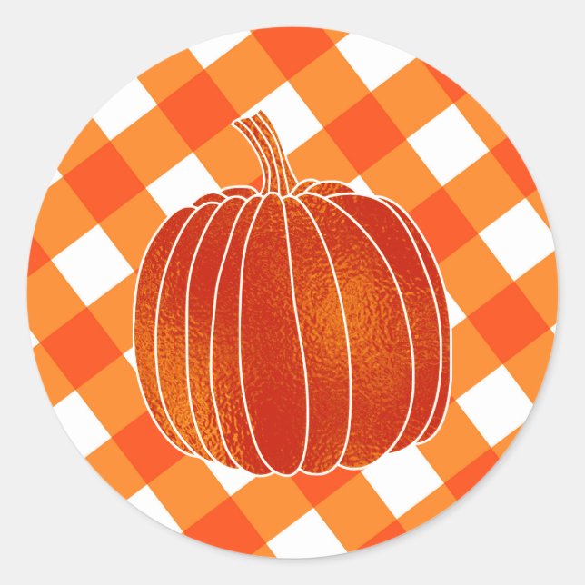 Shiny Orange Autumn Pumpkin Plaid Checkers Favour Classic Round Sticker (Front)