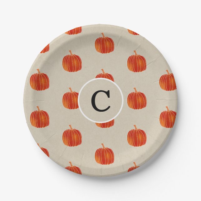 Shiny Orange Autumn Pumpkin Rustic Kraft Party Paper Plate (Front)