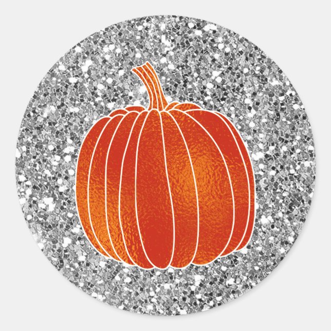 Shiny Orange Autumn Pumpkin Silver Glitter Favour Classic Round Sticker (Front)