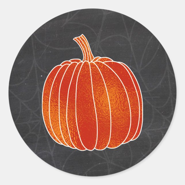 Shiny Orange Autumn Pumpkin Spiderweb Chalk Classic Round Sticker (Front)