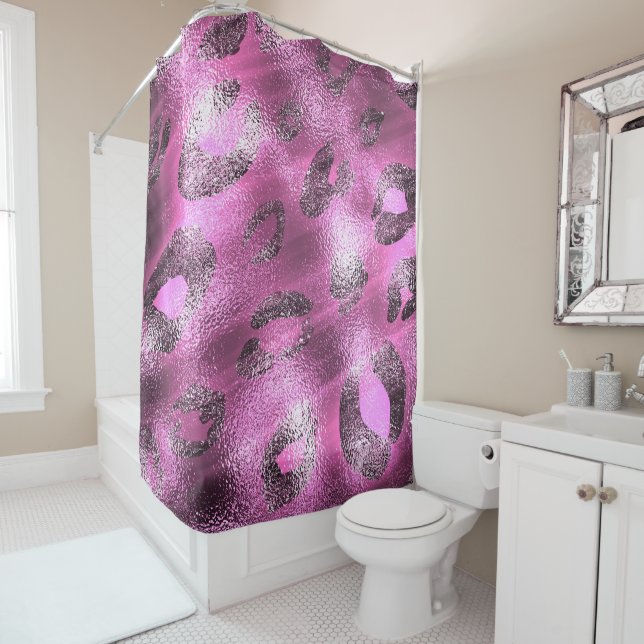 Shiny Pink & Black Leopard Cheetah Print Glam Shower Curtain (In Situ)