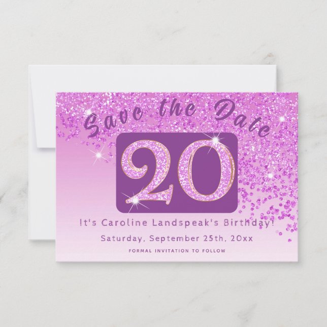 Shiny Pink Glitter for 20th Birthday  Save The Date (Front)