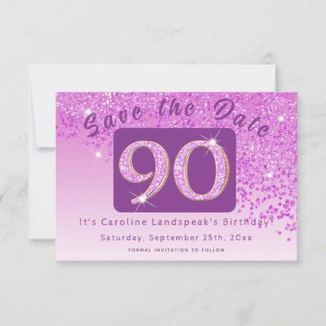 Shiny Pink Glitter for 90th Birthday Save The Date (Front)