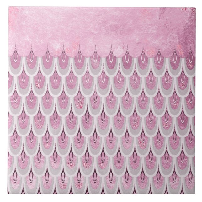 Shiny Pink Glitter Mermaid Fish Scales Ceramic Tile (Front)