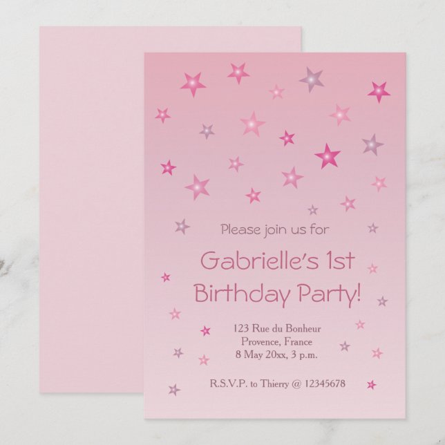 Shiny Pink Little Stars Sweet Baby Kids Birthday Invitation (Front/Back)