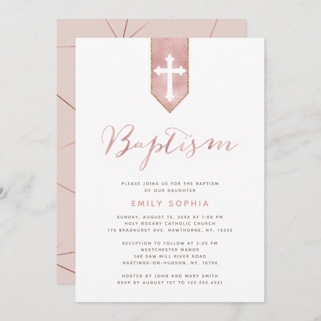 Shiny Pink Rose Baptism Invitation (Front/Back)
