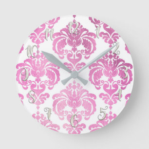 Shiny Pink & White Damask Modern Personalized Round Clock