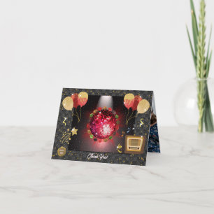 Shiny Red Disco Ball & Graduate Caps Photo Thank You Card