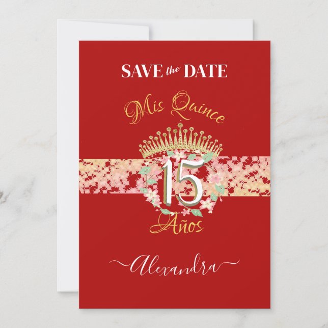 Shiny Red Elegant Quinceañera Spanish Save The Date (Front)
