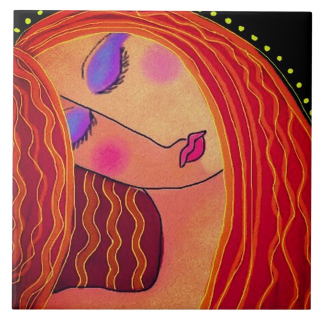 Shiny Red Hair Abstract Digital Painting  Ceramic Tile (Front)