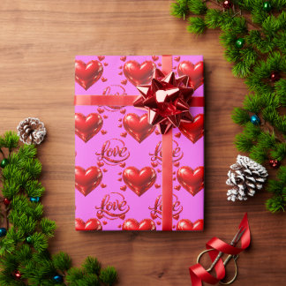 Shiny Red Hearts and Love Script Romantic Pink Wra Wrapping Paper