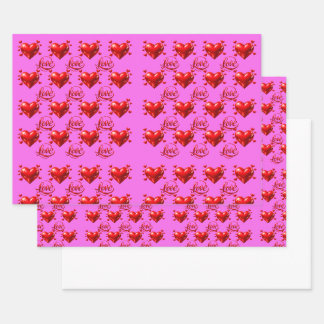 Shiny Red Hearts and Love Script Romantic Pink Wra Wrapping Paper Sheet