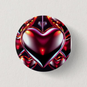Shiny Red Metallic Heart 3 Cm Round Badge