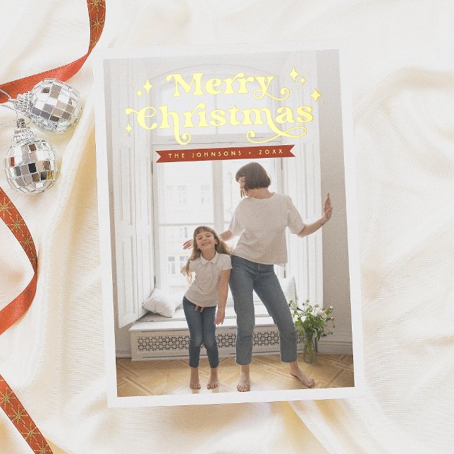 Shiny Retro Typography Groovy Christmas Photo Foil Holiday Card (Creator Uploaded)
