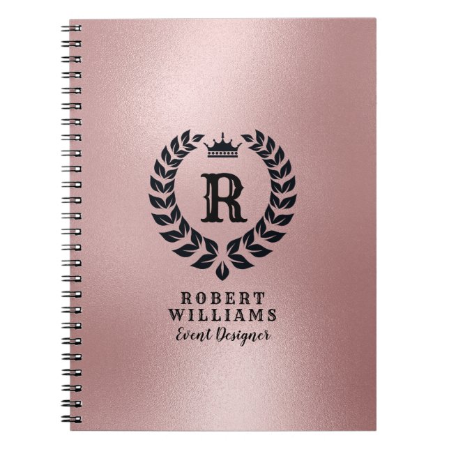 Shiny Rose-Gold Background Black Laurel Wreath Notebook (Front)