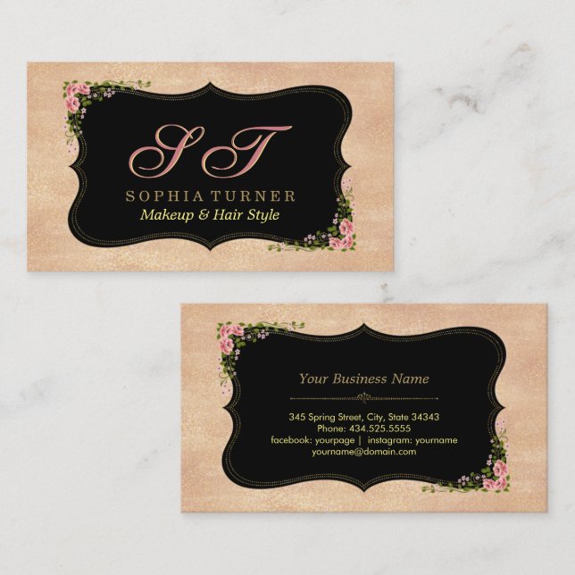 Shiny Rose Gold Glitter Wild Flowers Monogram Business Card (Front/Back)