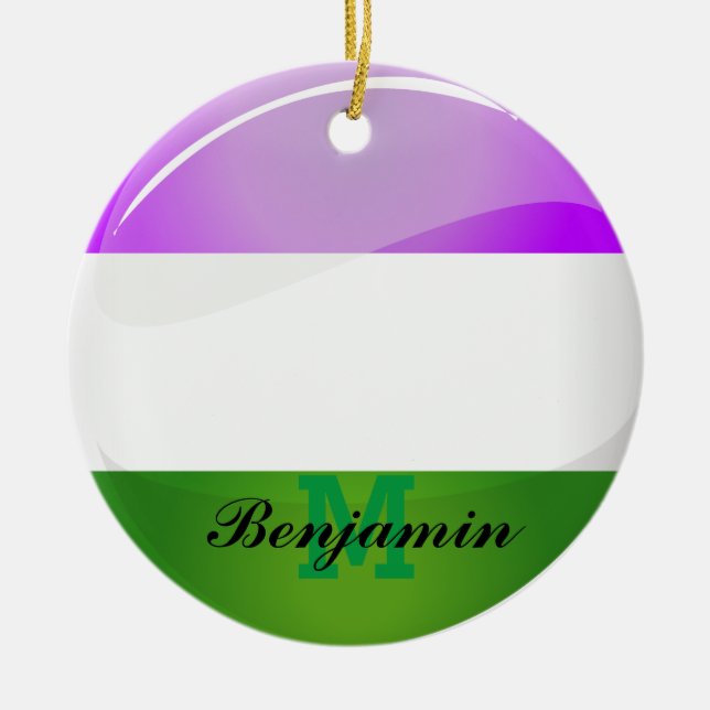 Shiny Round Genderqueer Flag Ceramic Tree Decoration (Front)