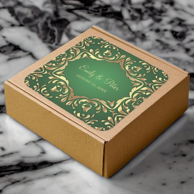 Shiny Royal Faux Gold Ornaments On Emerald Green Square Sticker (Creator Uploaded)
