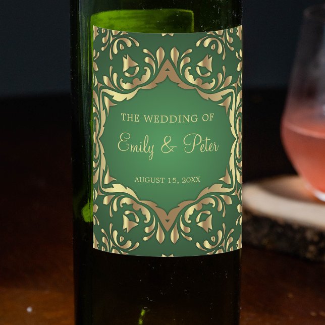 Shiny Royal Faux Gold Ornaments On Emerald Green  Wine Label (Creator Uploaded)