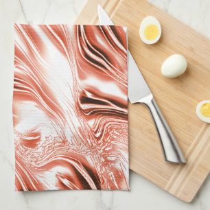 Shiny salmon to red long wavy traces on white fund tea towel