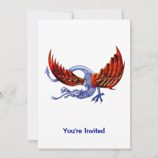 Shiny Scaly Blue Dragon with Fire Wings Invitation