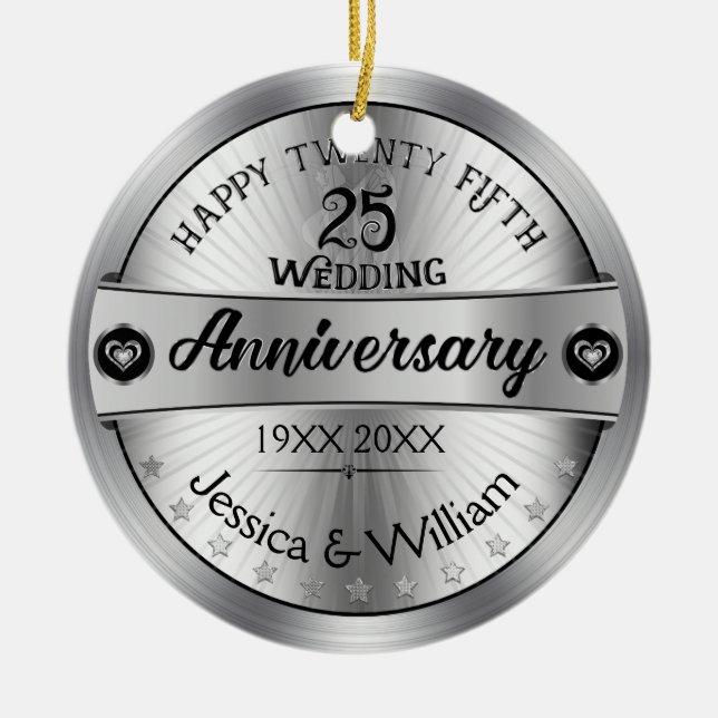Shiny Silver 25th Wedding Anniversary Ceramic Ornament (Front)