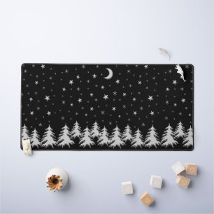 Shiny silver Christmas Tree and Stars on black   Desk Mat