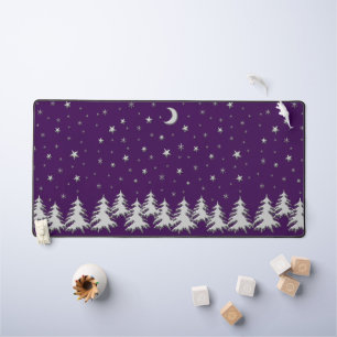 Shiny silver Christmas Tree and Stars on purple Desk Mat