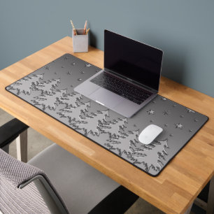 Shiny silver Christmas Tree and Stars on sky Desk Mat