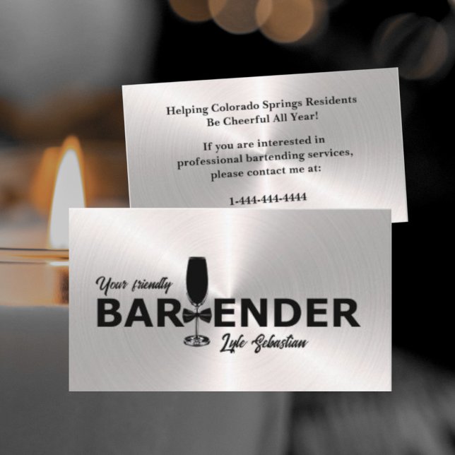 Shiny Silver Event Bartender Business Card (Creator Uploaded)