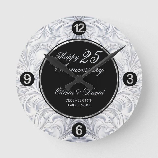 Shiny Silver Floral Damask  Round Clock (Front)