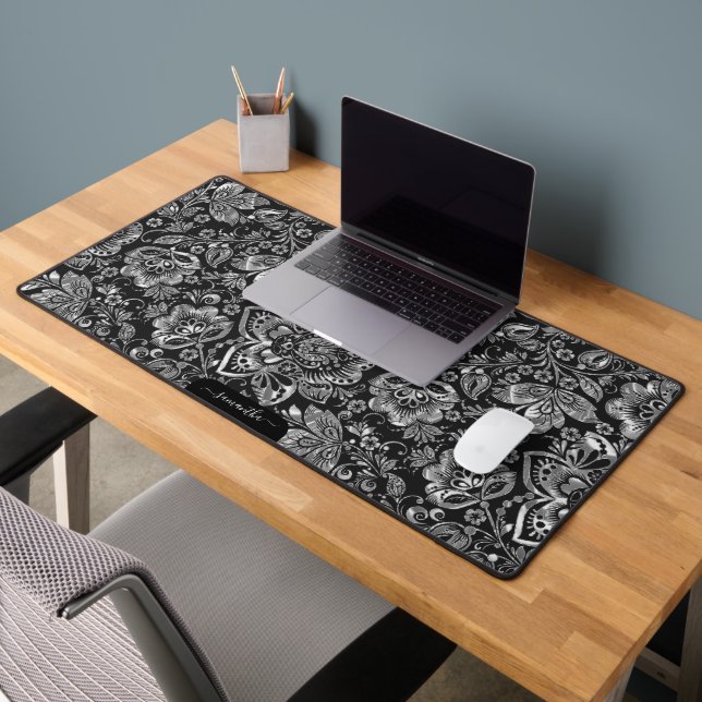 Shiny silver floral damasks on black monogram desk mat (Office 2)